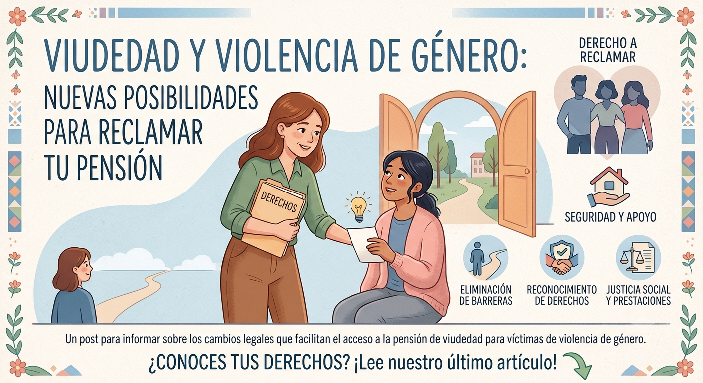 Cartel informativo en español sobre derechos por viudad y violencia de género; una mujer entrega un documento a otra ante una puerta abierta y paisaje rural.