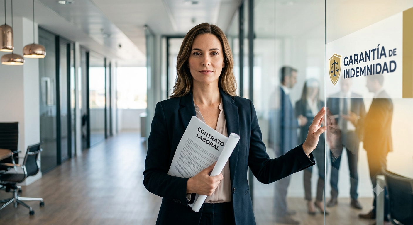 Businesswoman in a dark blazer stands in a modern office hallway, holding a labor contract and a rolled document near a glass wall with a Garantía de Indemnidad sign.