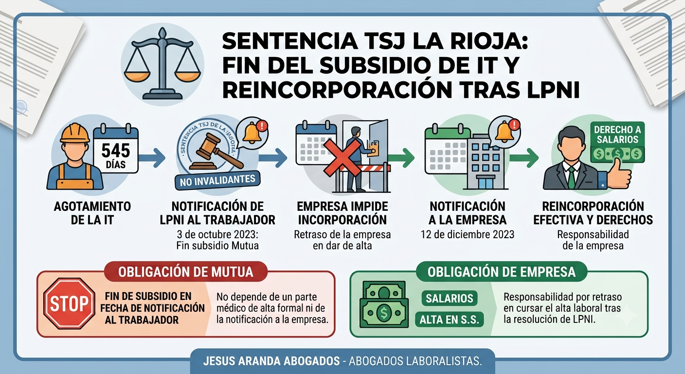 Infografía sobre la sentencia TSJ La Rioja: fin del subsidio de IT y reincorporación tras la LPNI, con las etapas del proceso.