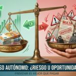Ilustración de una balanza que representa el riesgo legal del falso autónomo, comparando los beneficios económicos iniciales de la empresa con las sanciones e inspecciones de la Seguridad Social.