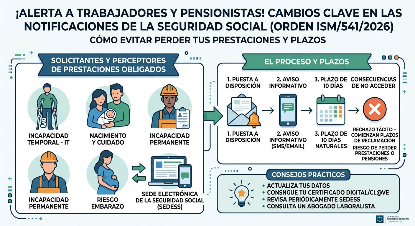 Infografía explicativa sobre las novedades de la Orden ISM/541/2026 en las notificaciones electrónicas de la Seguridad Social, sus plazos y consejos prácticos para perceptores y trabajadores.