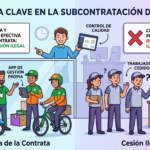 La imagen ilustra la diferencia entre cesión ilegal y subcontratación autónoma en el contexto de plataformas digitales. Se destaca el papel crucial del poder de dirección efectivo y la autonomía organizativa de la empresa contratista.