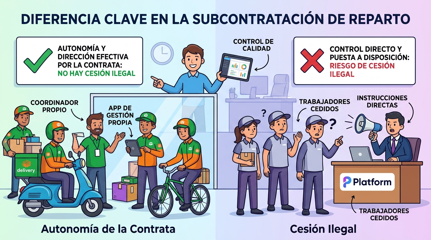 La imagen ilustra la diferencia entre cesión ilegal y subcontratación autónoma en el contexto de plataformas digitales. Se destaca el papel crucial del poder de dirección efectivo y la autonomía organizativa de la empresa contratista.